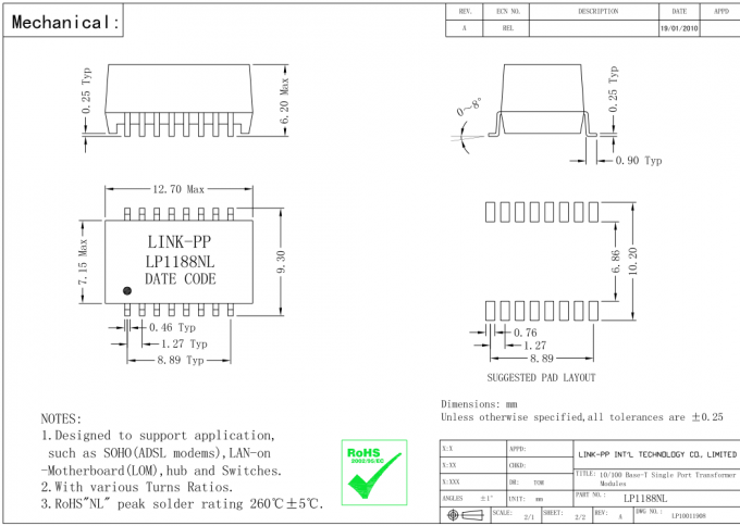 LFE8505 ইথারনেট চুম্বক LP1102NL 10/100 বেস-টি ইথারনেট শ্রীমতি ট্রান্সফরমার