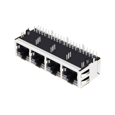 JT6-1480NL 10G বেস-টি শিল্ডেড 1x4 পোর্ট ট্যাব UP Rj45 Pcb সংযোগকারী LED সহ সমকোণ