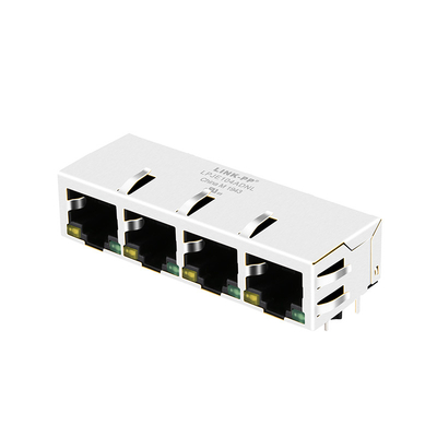 LPJE104ADNL 1X4 পোর্ট FR4 PCB RJ45 মডুলার জ্যাক সাইড এন্ট্রি ট্যাব নিচে হলুদ/সবুজ LED
